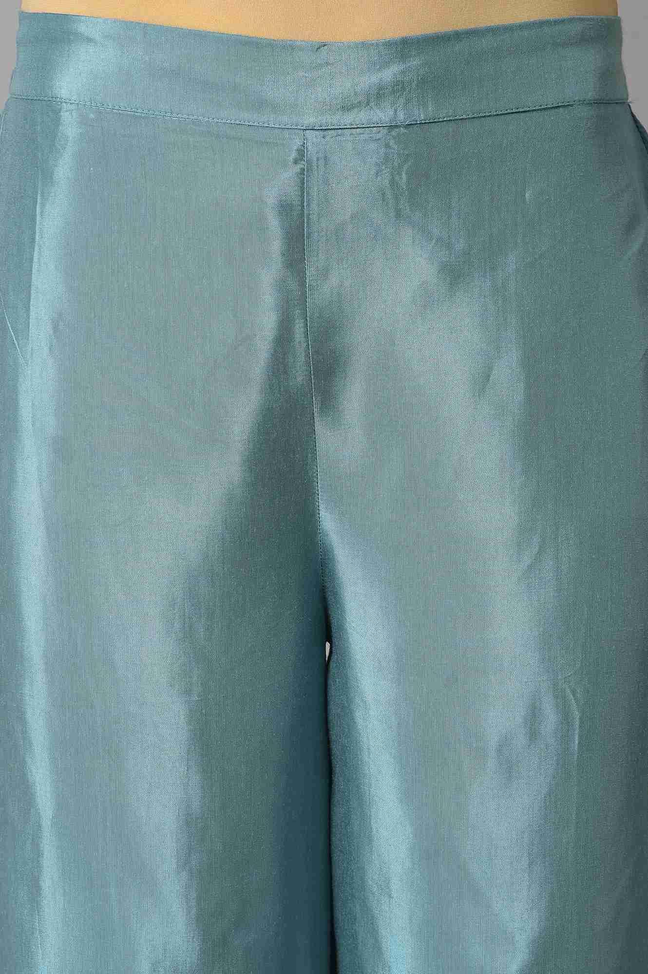 Black A-Line Panelled kurta With Blue Parallel Pants - Image 6