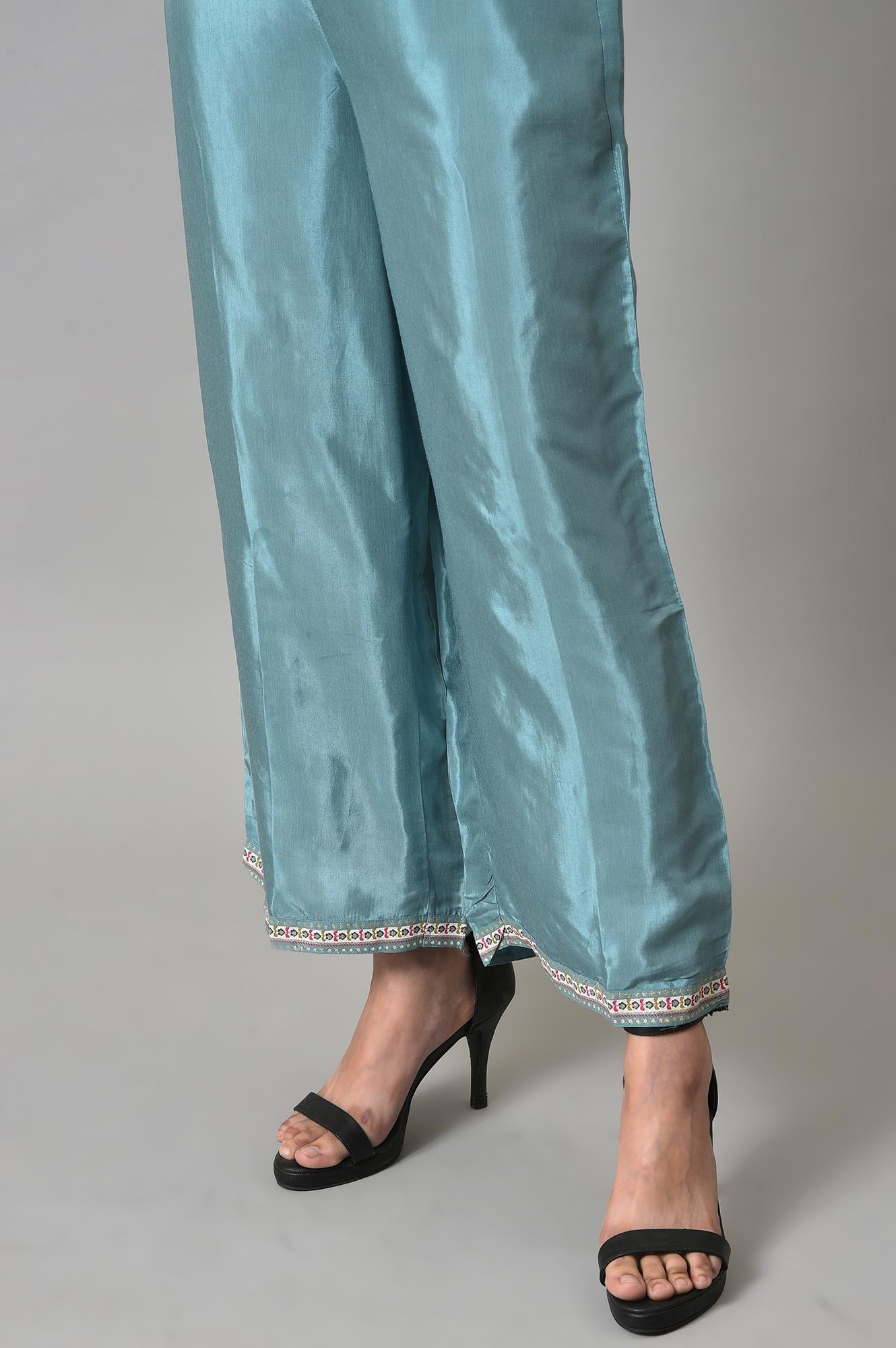 Black A-Line Panelled kurta With Blue Parallel Pants - Image 8