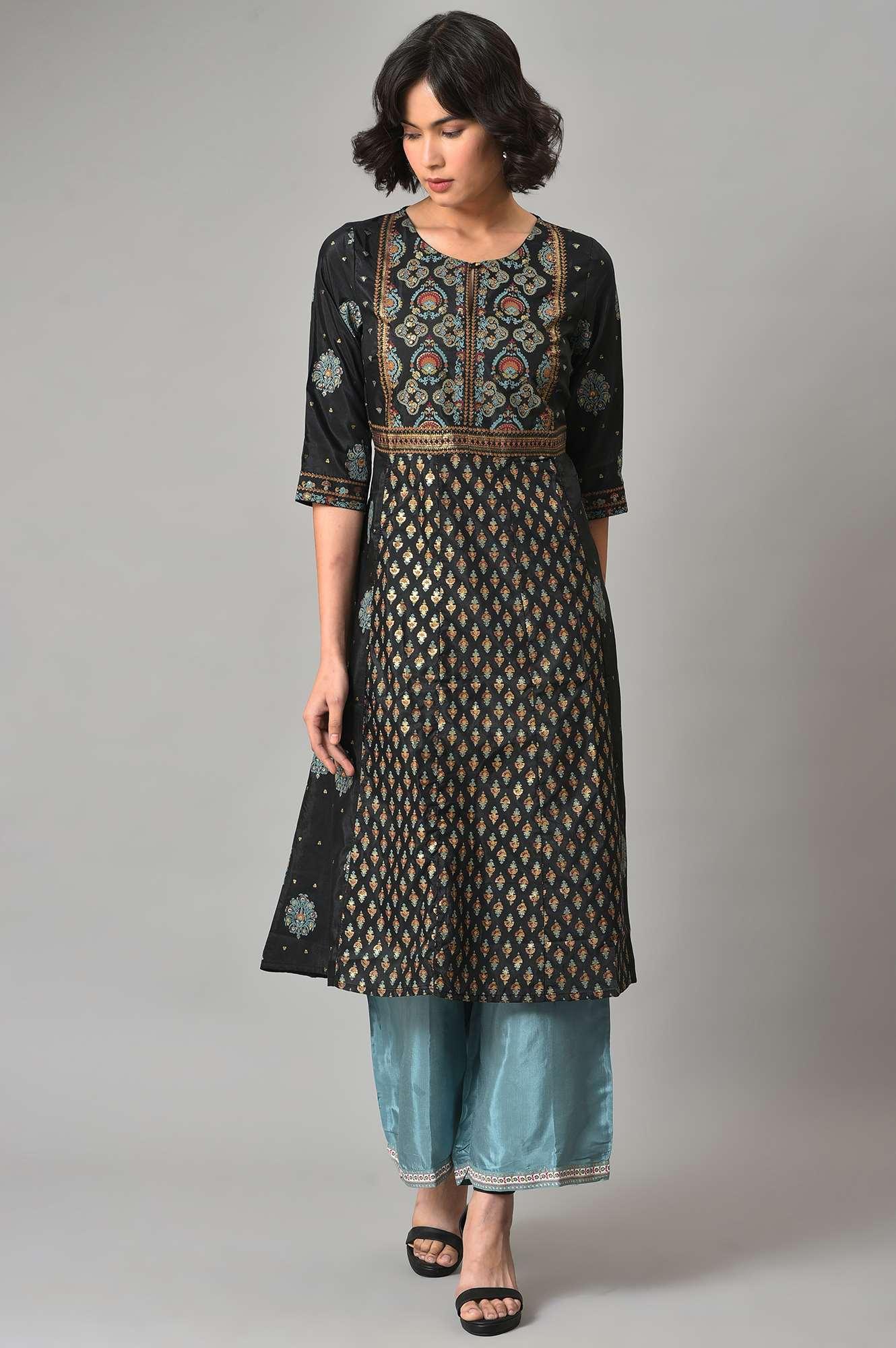 Black A-Line Panelled kurta With Blue Parallel Pants - Image 9
