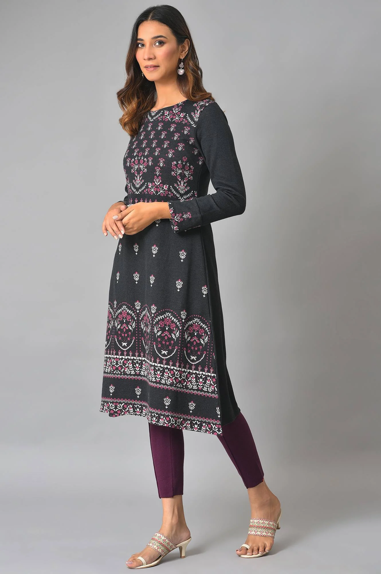Black A-Line Placement Printed Winter kurta - Image 3