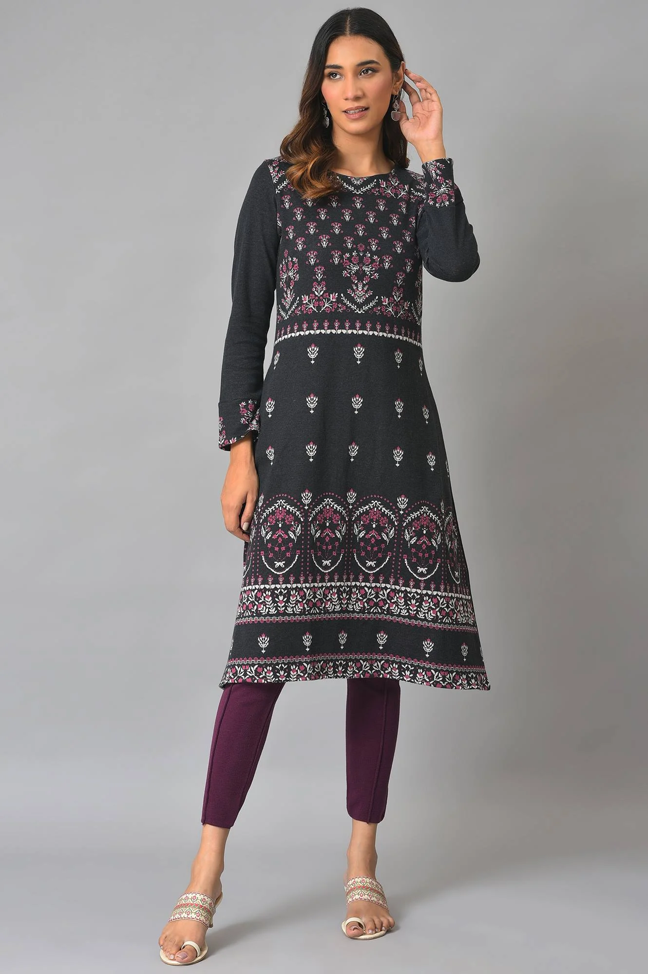 Black A-Line Placement Printed Winter kurta - Image 6