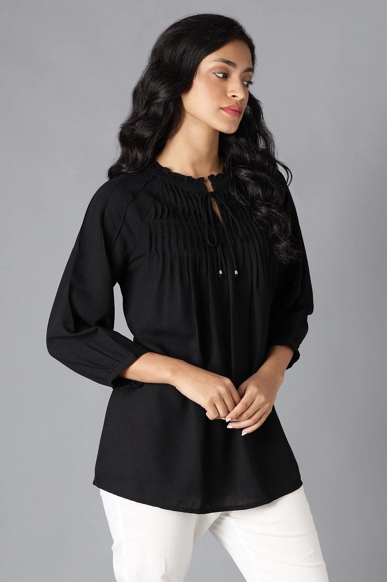 Black A-Line Pleated Top With Tie-Up Neck - Image 4