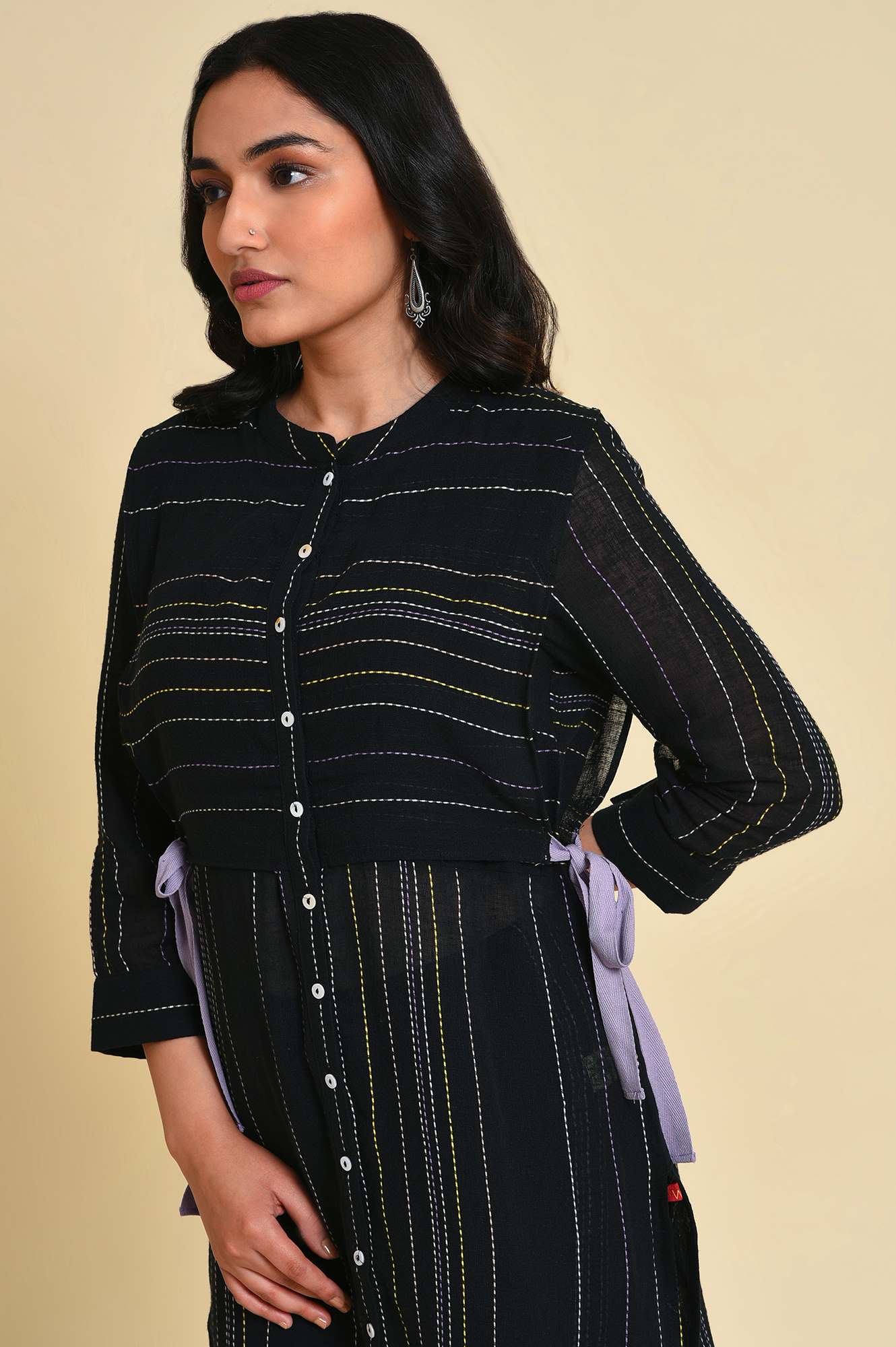 Black Abstract Printed Cotton Flax Straight Kurta with Slim Pant Set - Image 2