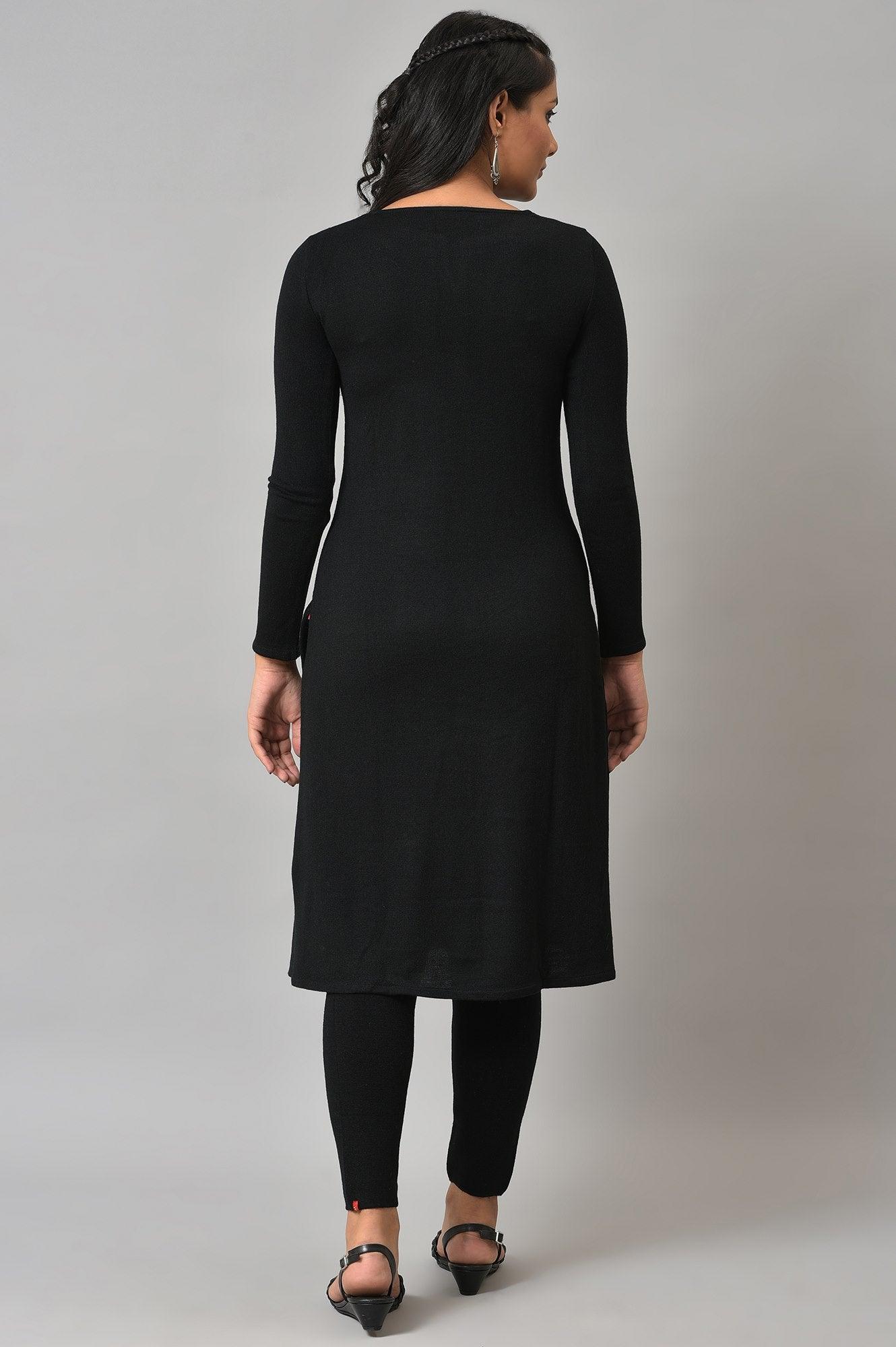 Black Acrylic Embroidered Winter kurta - Image 2