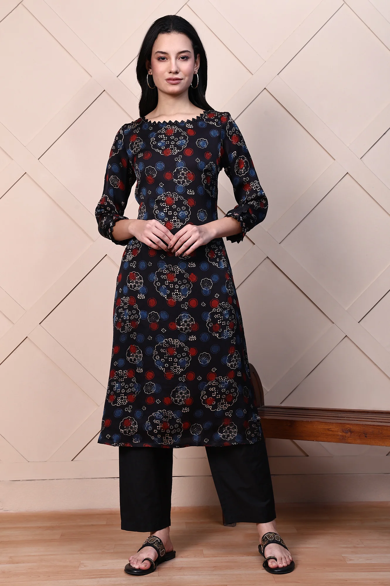 Black Ajrak Printed Satin A-line Kurta with Thread Embroidery - Image 2