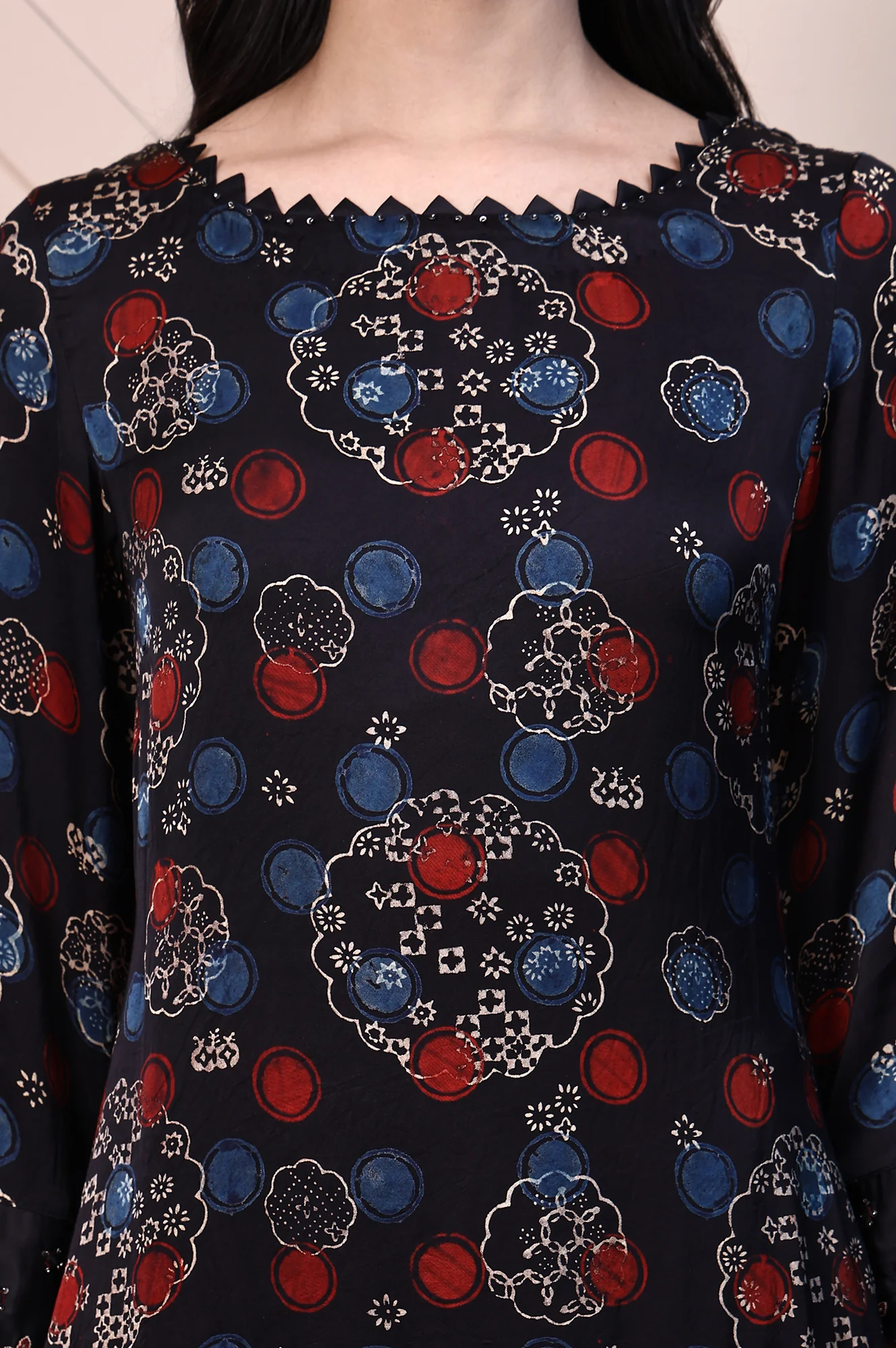 Black Ajrak Printed Satin A-line Kurta with Thread Embroidery - Image 3