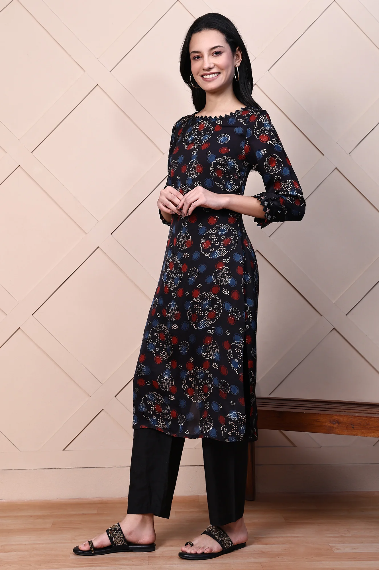 Black Ajrak Printed Satin A-line Kurta with Thread Embroidery - Image 4