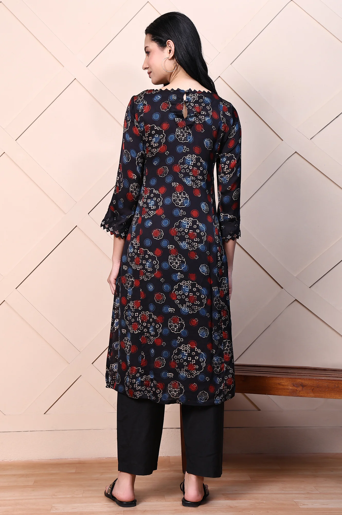 Black Ajrak Printed Satin A-line Kurta with Thread Embroidery - Image 5
