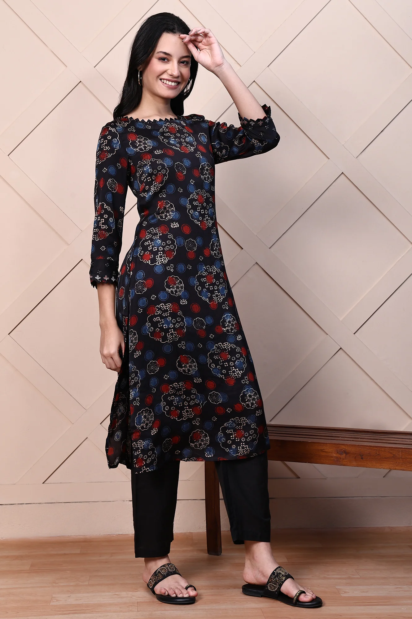 Black Ajrak Printed Satin A-line Kurta with Thread Embroidery - Image 6