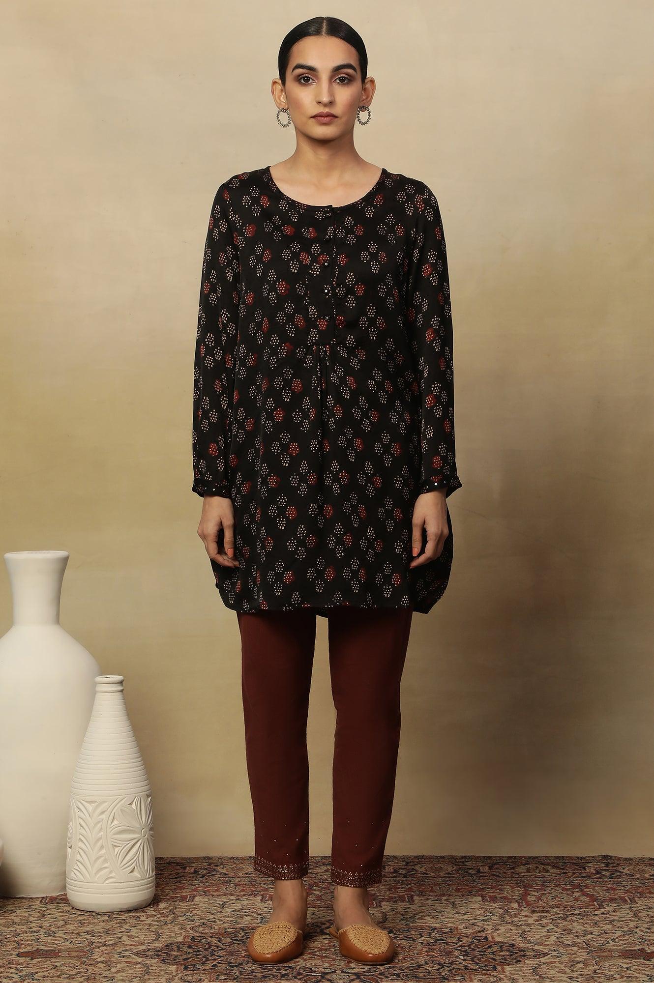 Black Ajrakh Dot Print Round Neck Long Top In Fluid Satin - Image 2