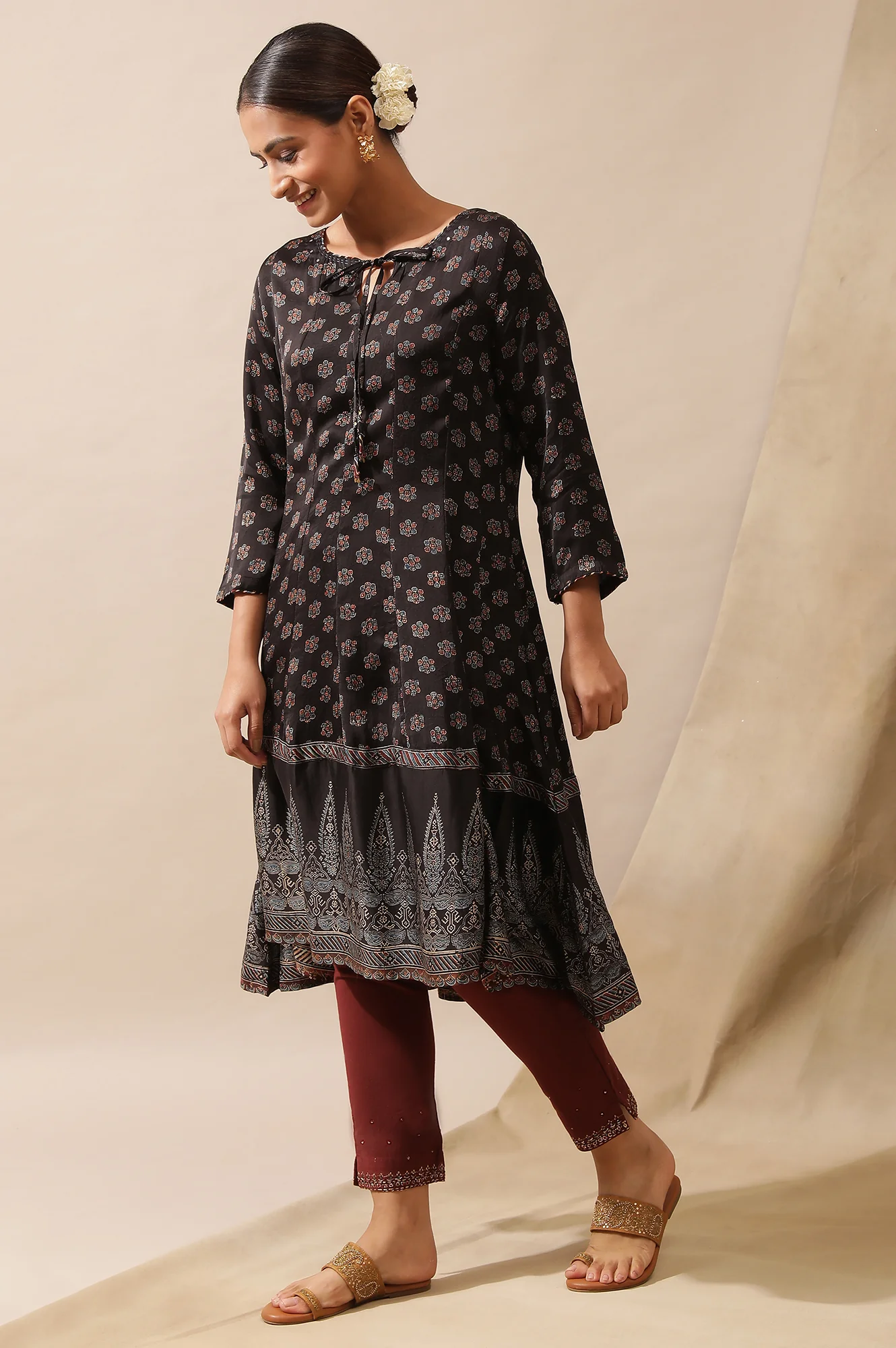 Black Ajrakh Print Kalidar Kurta - Image 2