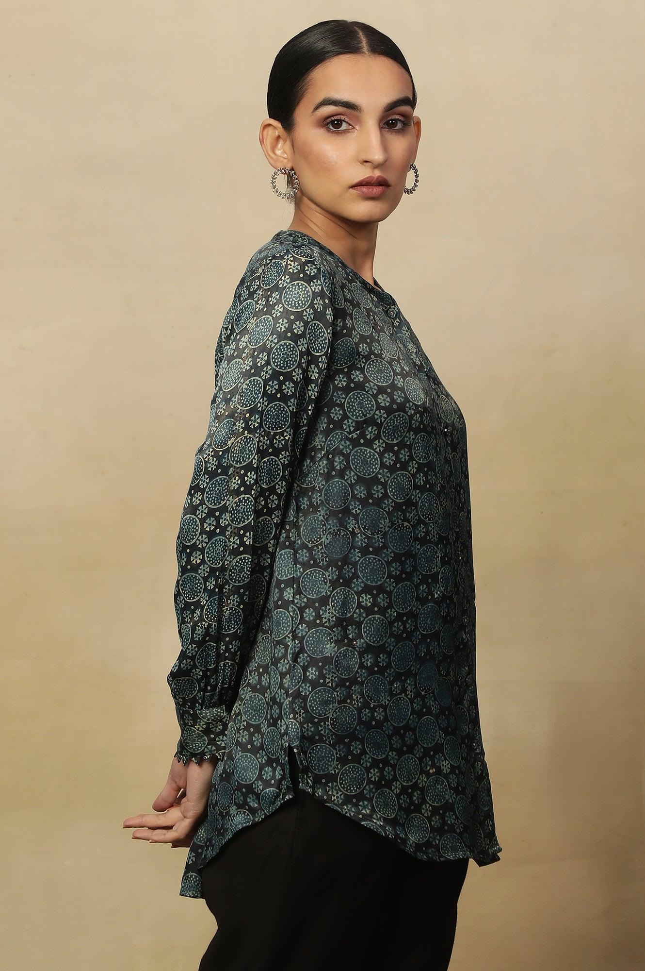 Black Ajrakh Print Lustrous Satin Top - Image 4