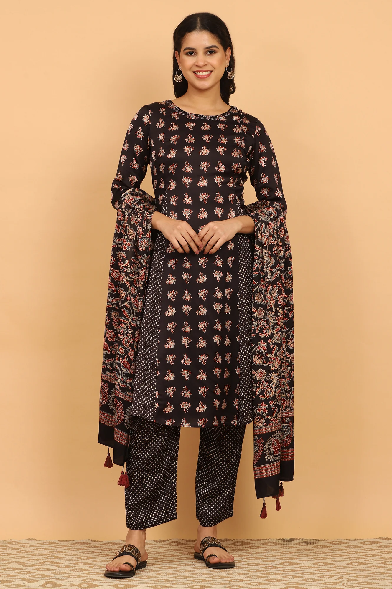 Black Ajrakh Printed Flared Kurta, Straight Pants and Dupatta Set in Modal Satin - Image 2