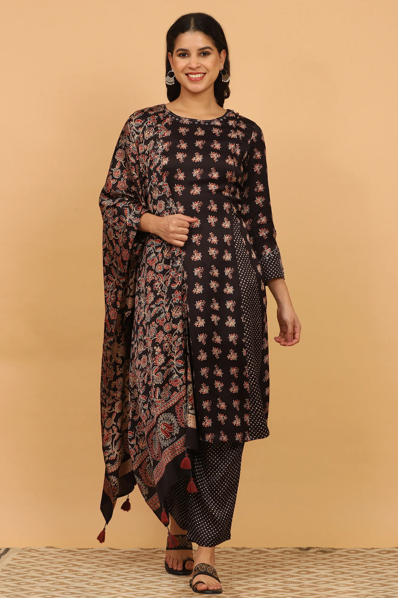 Black Ajrakh Printed Flared Kurta, Straight Pants and Dupatta Set in Modal Satin - Image 3