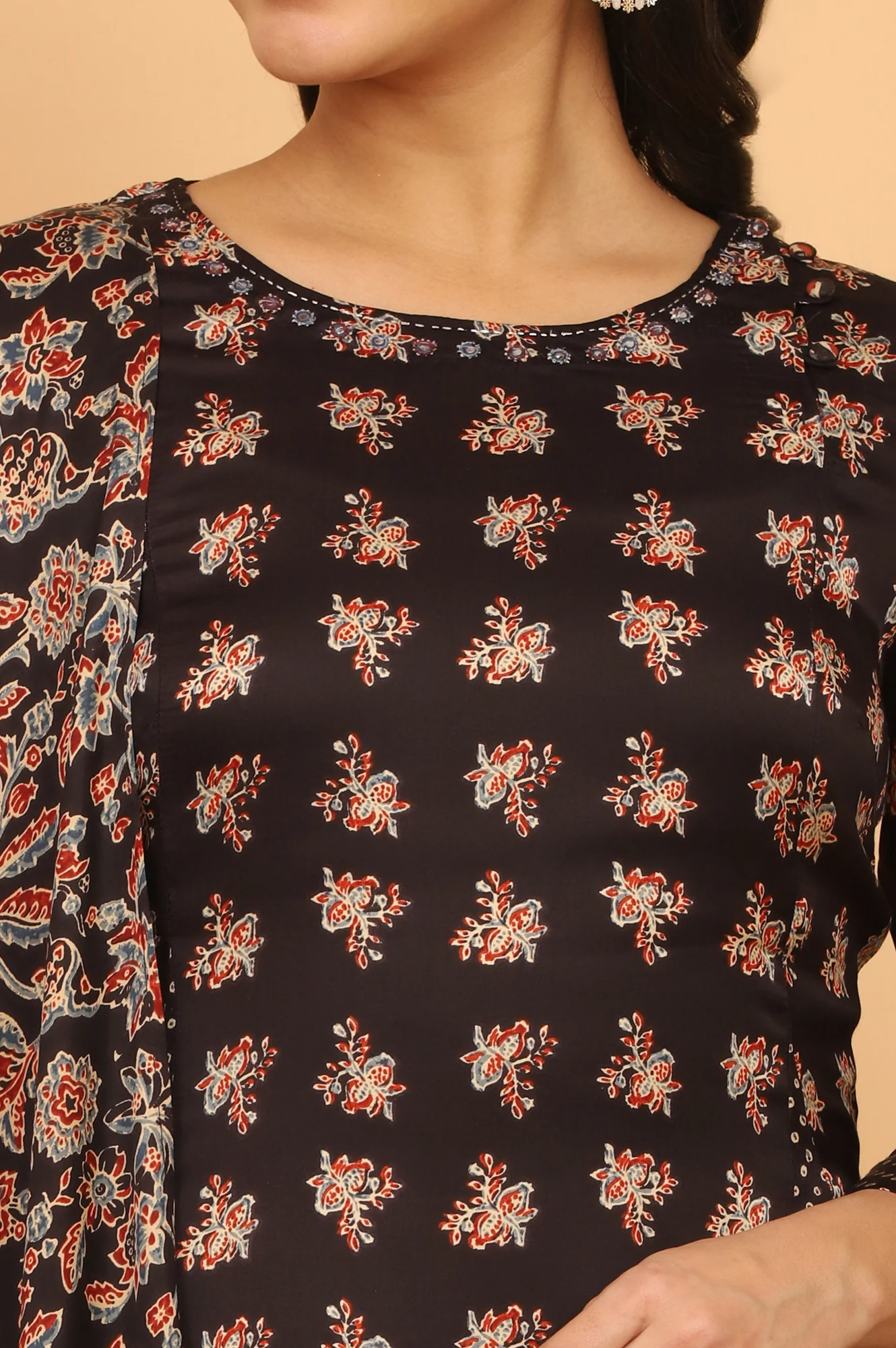 Black Ajrakh Printed Flared Kurta, Straight Pants and Dupatta Set in Modal Satin - Image 4
