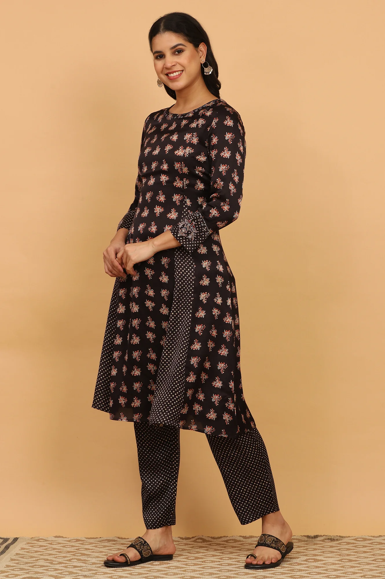 Black Ajrakh Printed Flared Kurta, Straight Pants and Dupatta Set in Modal Satin - Image 5