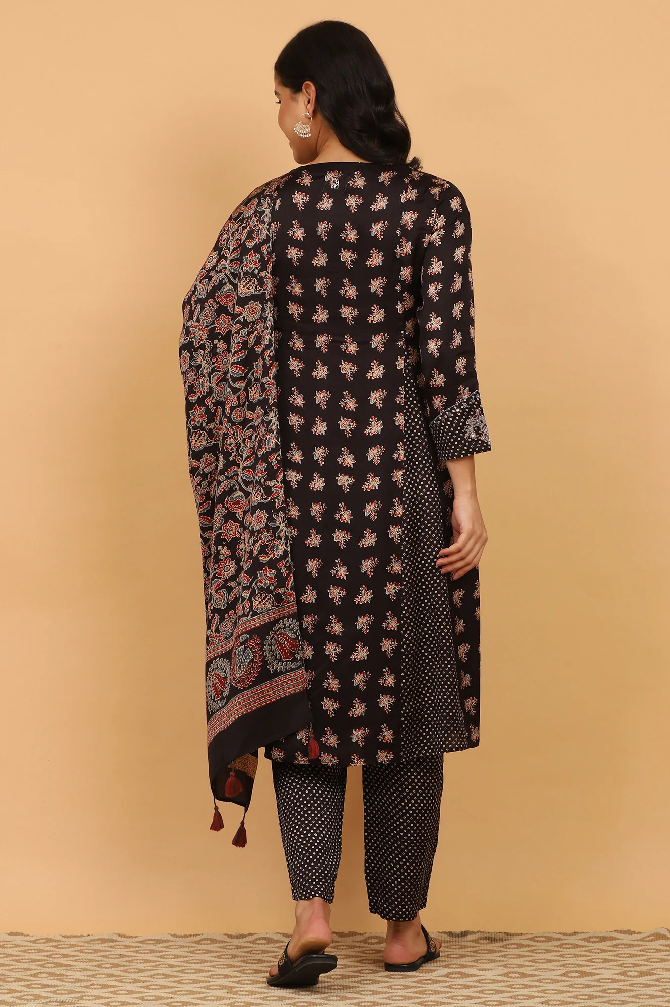 Black Ajrakh Printed Flared Kurta, Straight Pants and Dupatta Set in Modal Satin - Image 6