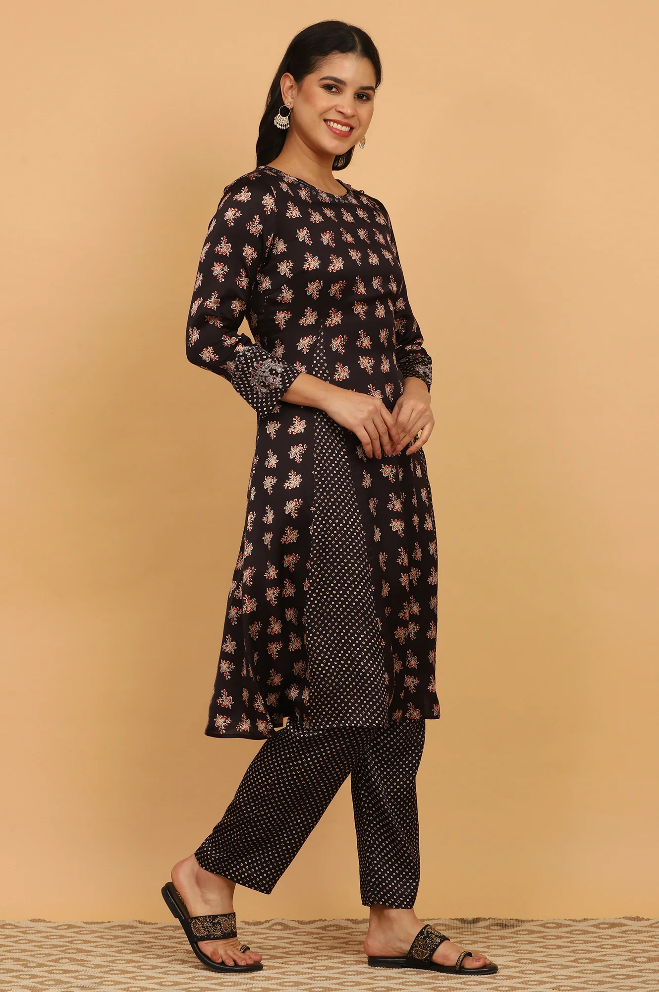 Black Ajrakh Printed Flared Kurta, Straight Pants and Dupatta Set in Modal Satin - Image 7