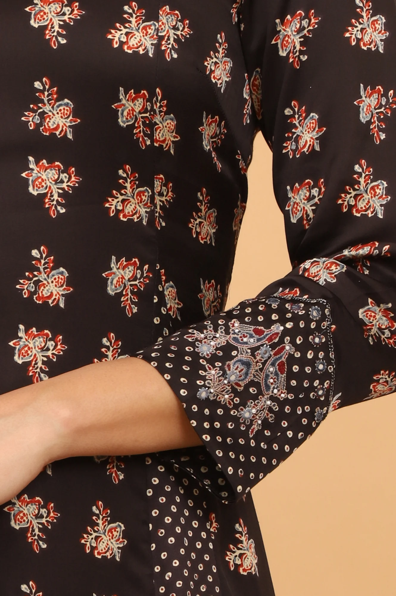 Black Ajrakh Printed Flared Kurta, Straight Pants and Dupatta Set in Modal Satin - Image 8