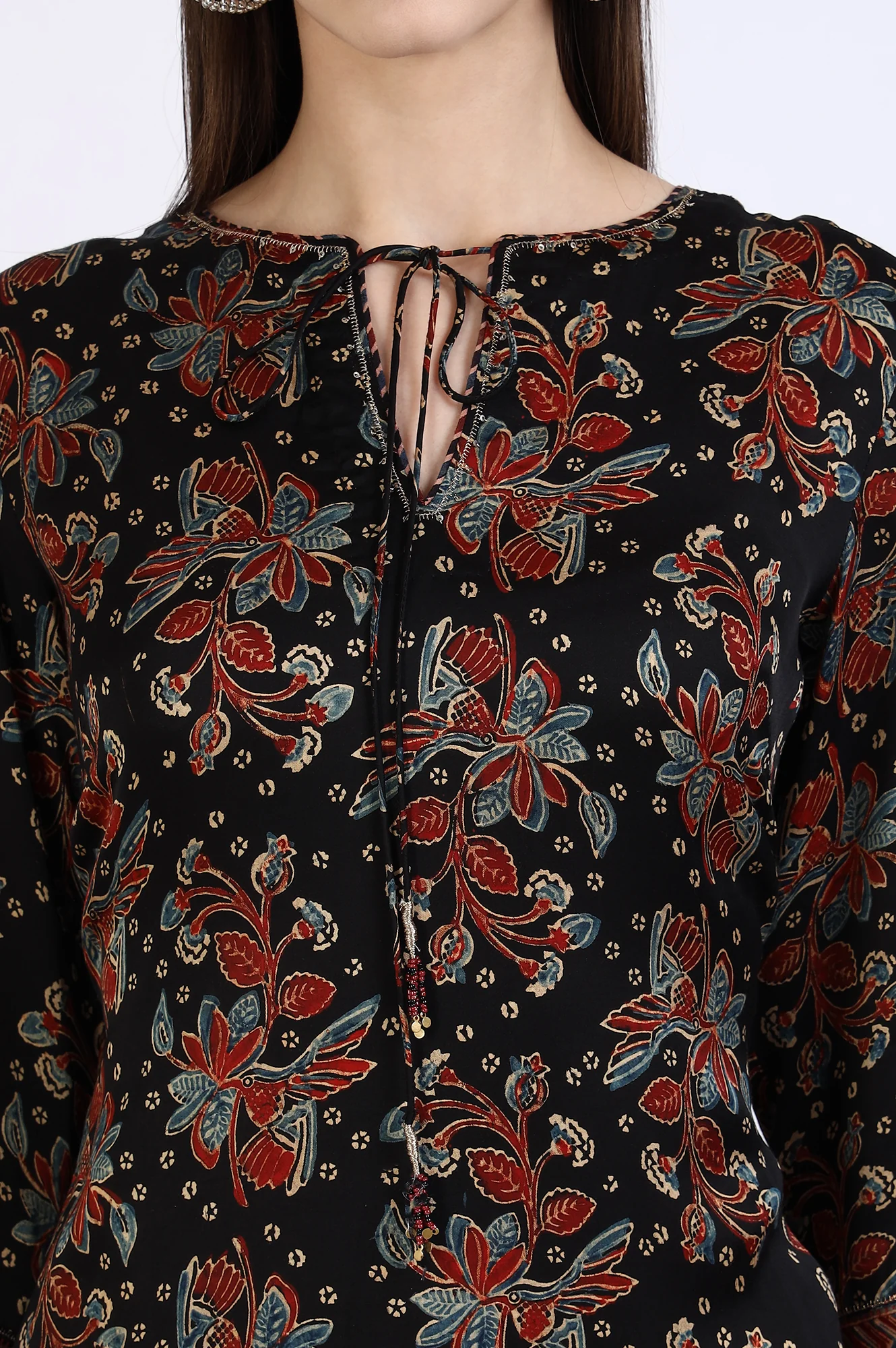 Black Ajrakh Printed Kurta in Lustrous Modal Satin - Image 4