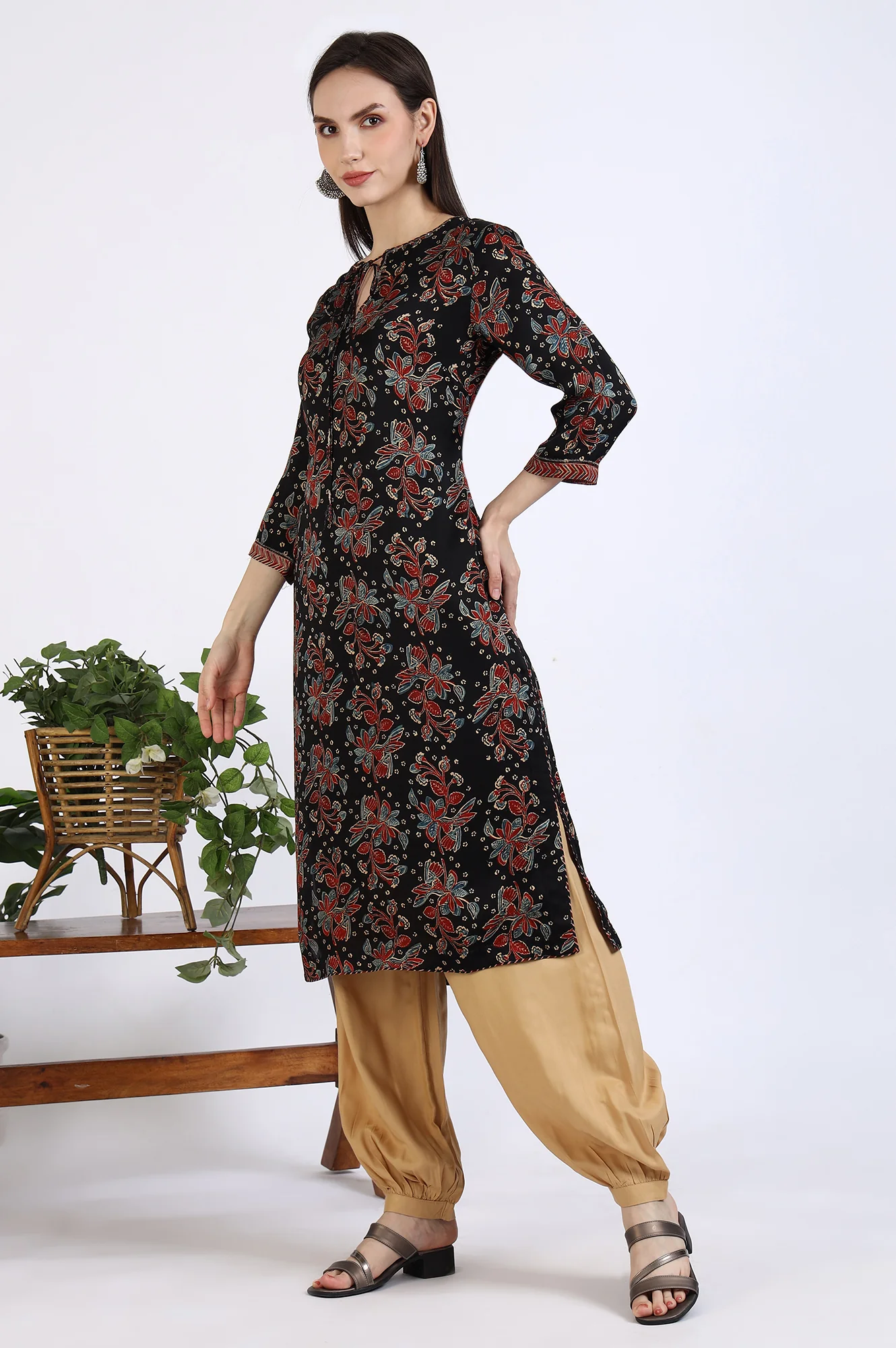 Black Ajrakh Printed Kurta in Lustrous Modal Satin - Image 5