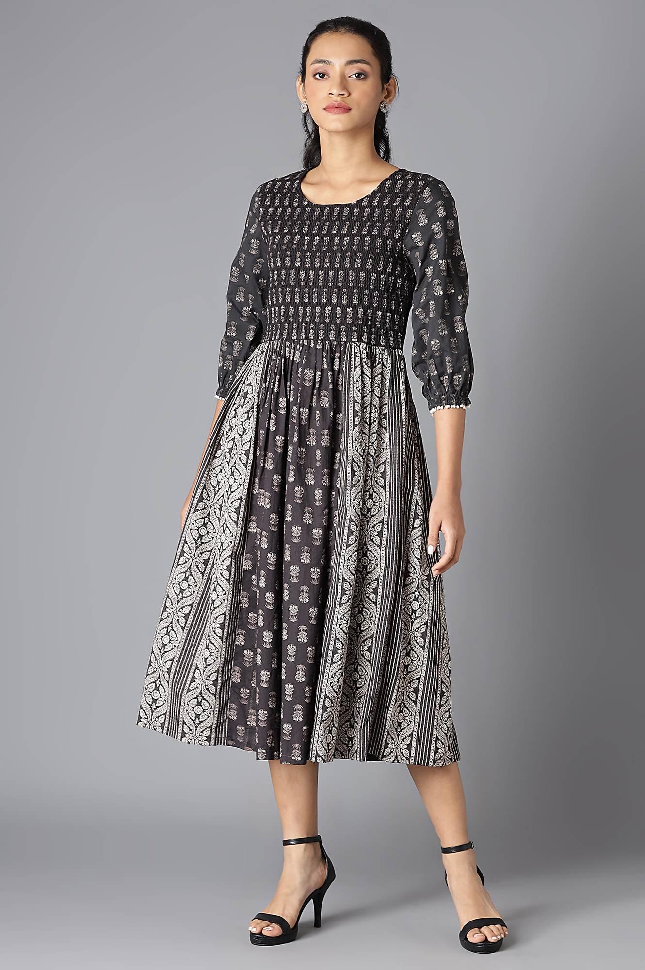 Black and White Smocked Cotton Midi Dress