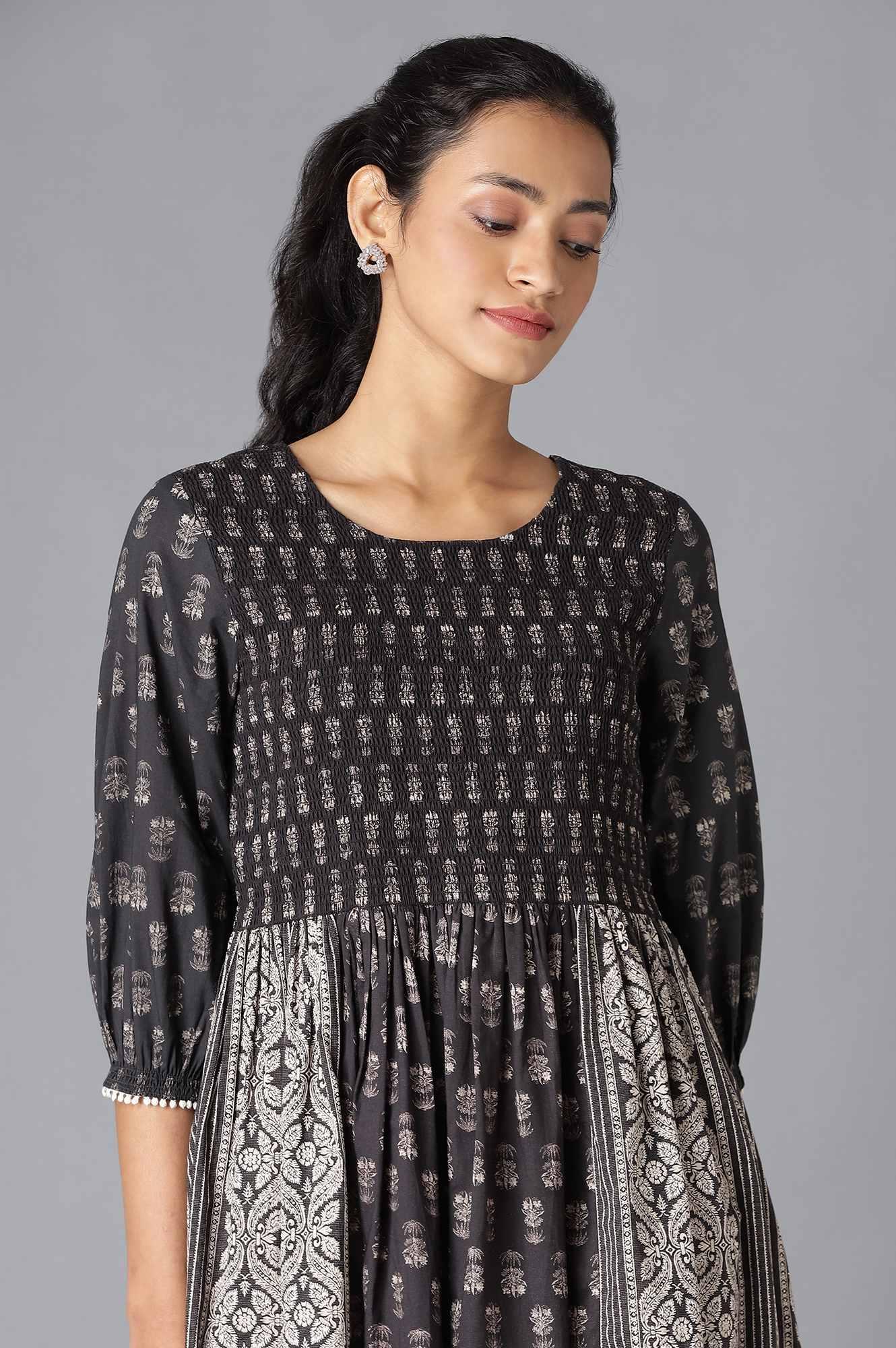 Black and White Smocked Cotton Midi Dress - Image 5