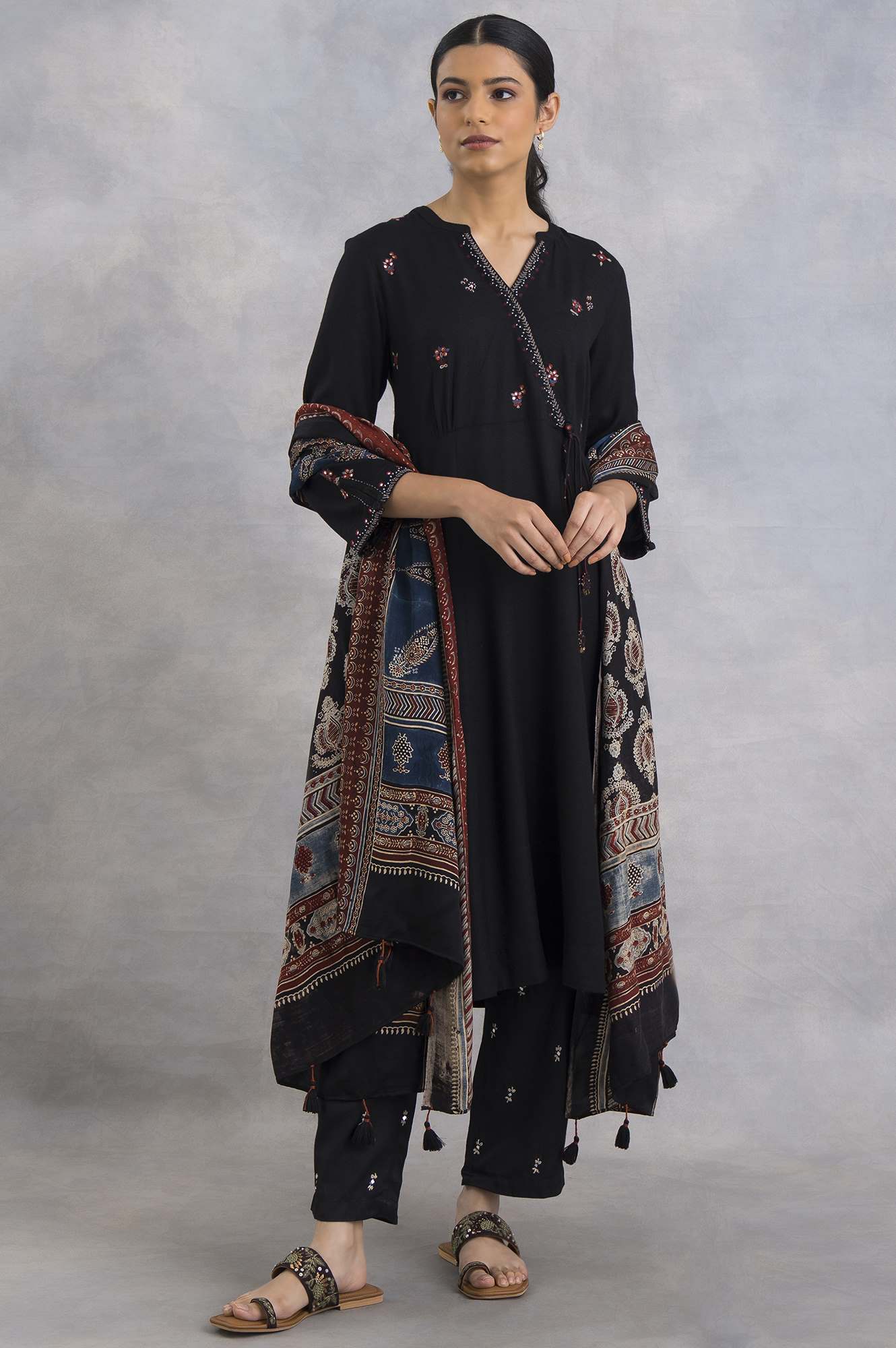 Black Angrakha Embroidered kurta - Image 7