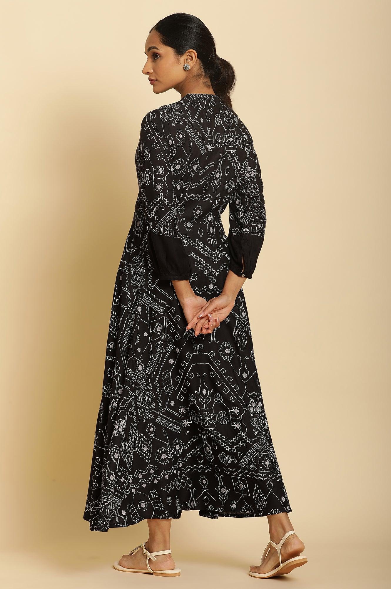 Black Bandhani Printed Flared Dress - Image 3