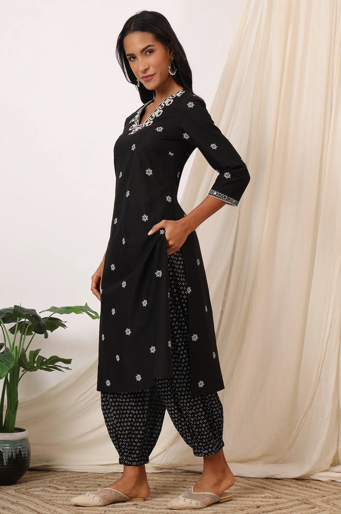 Black Bandhani Printed Pure Cotton Kurta, Pants and Dupatta Set - Image 5
