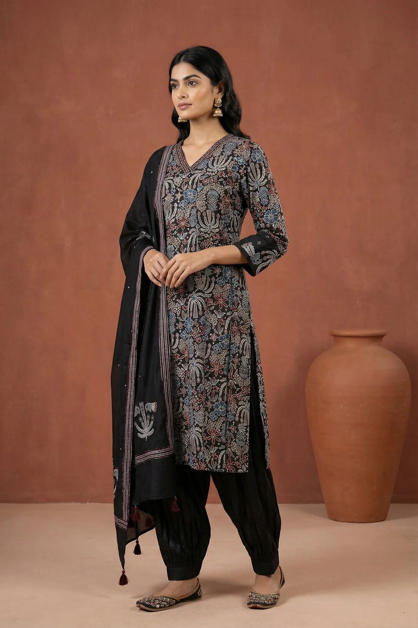 Black Block Printed Floral Satin Straight Kurta with Salwar and Dupatta Set