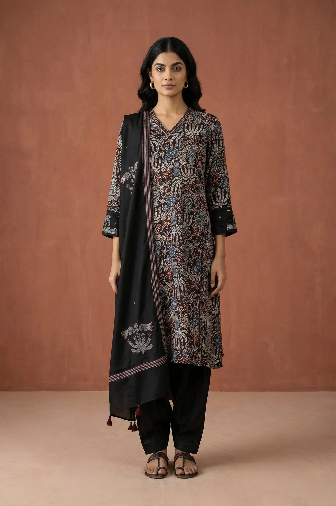 Black Block Printed Floral Satin Straight Kurta with Salwar and Dupatta Set - Image 2