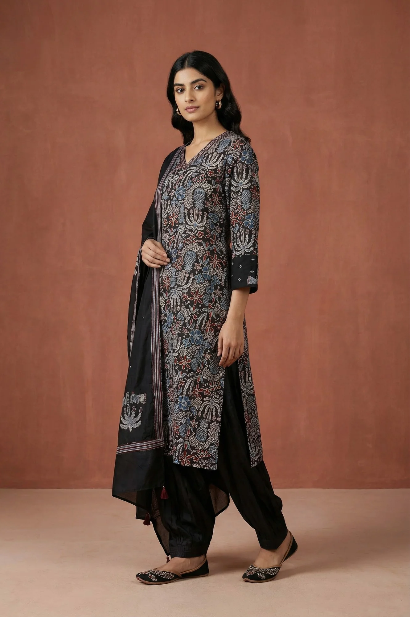 Black Block Printed Floral Satin Straight Kurta with Salwar and Dupatta Set - Image 4