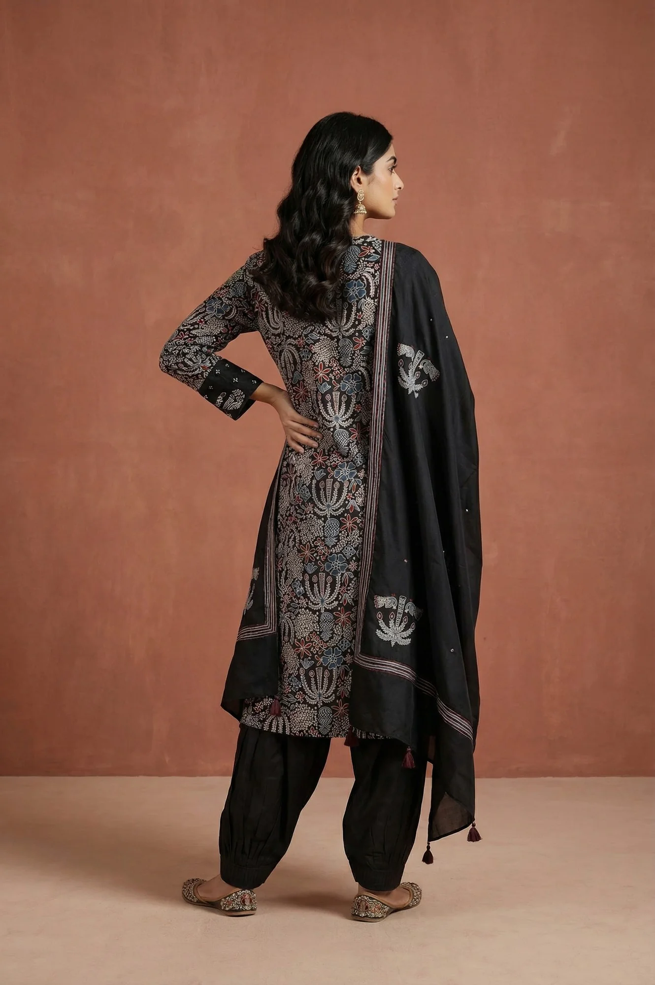 Black Block Printed Floral Satin Straight Kurta with Salwar and Dupatta Set - Image 5
