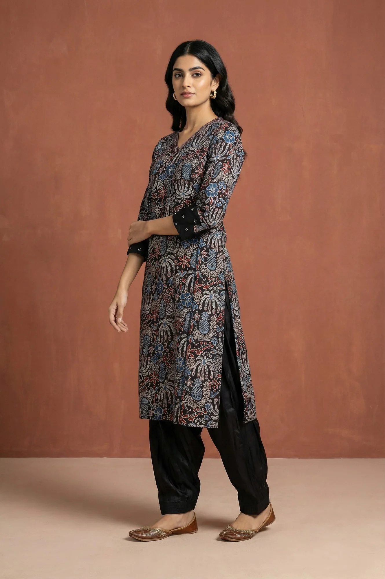 Black Block Printed Floral Satin Straight Kurta with Salwar and Dupatta Set - Image 6