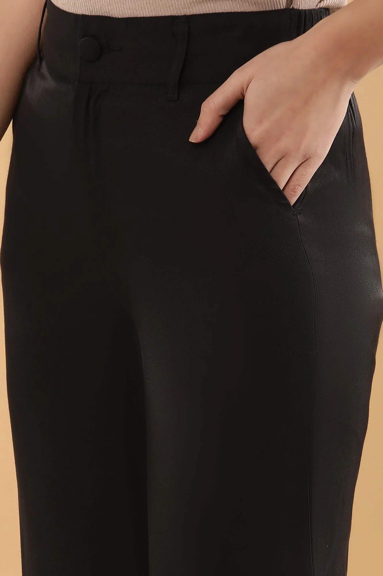 Elleven Women's Black Solid Straight Fit Rayon Pants With Button And Zip Closure - Image 7