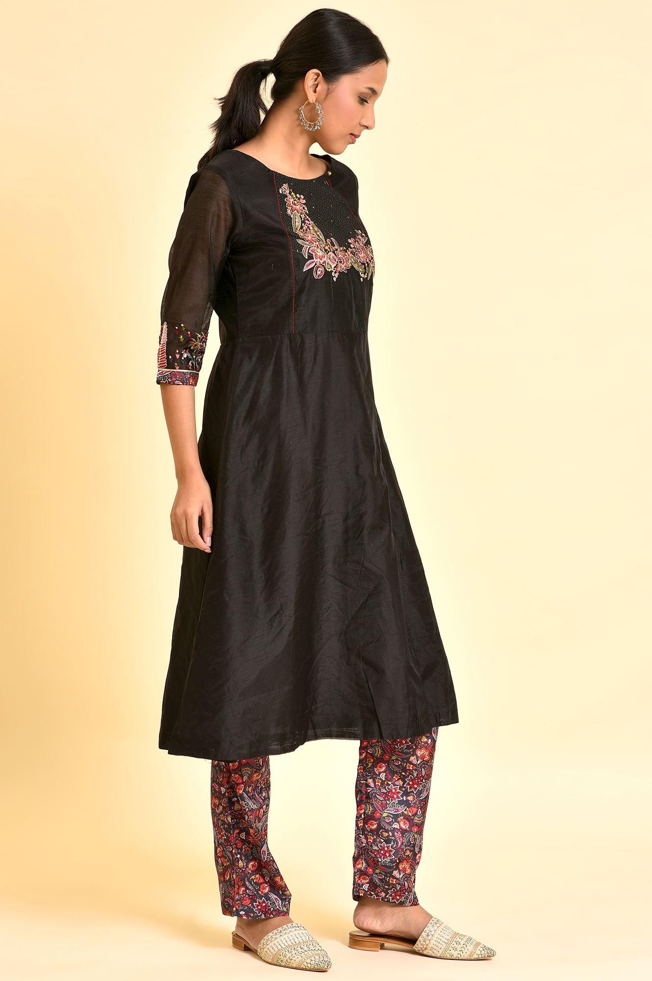 Black Chanderi kurta And Slim Pant Set - Image 5
