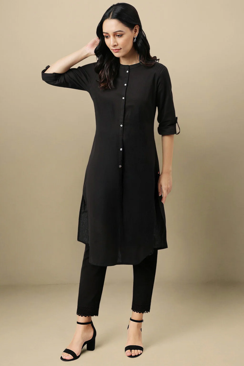 Black Cotton Blend Straight Kurta and Slim Pant Set - Image 2