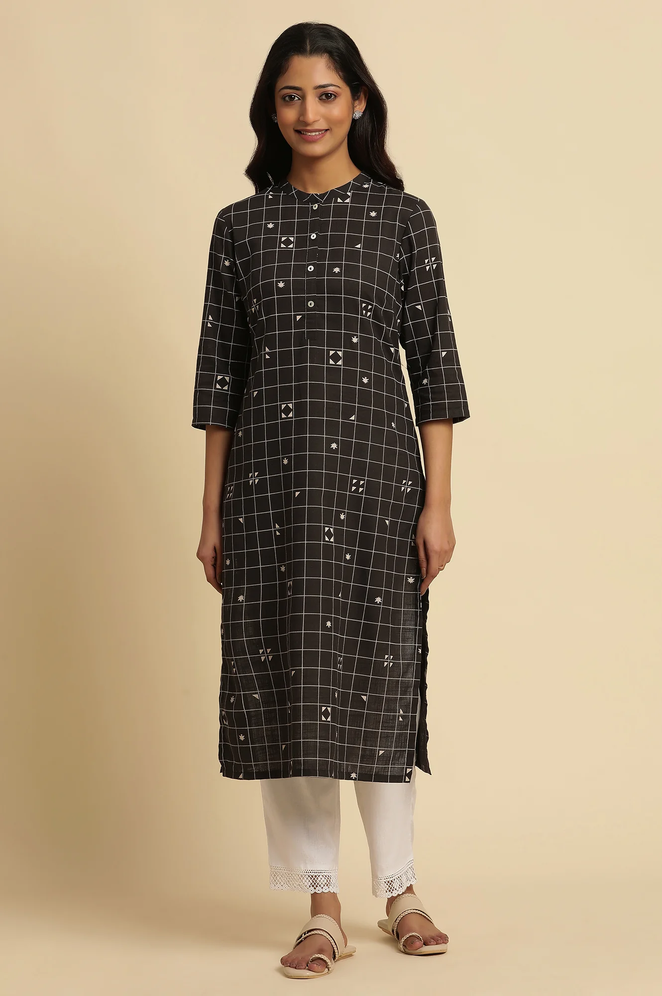Black Cotton Geometric Printed Summer Kurta - Image 2