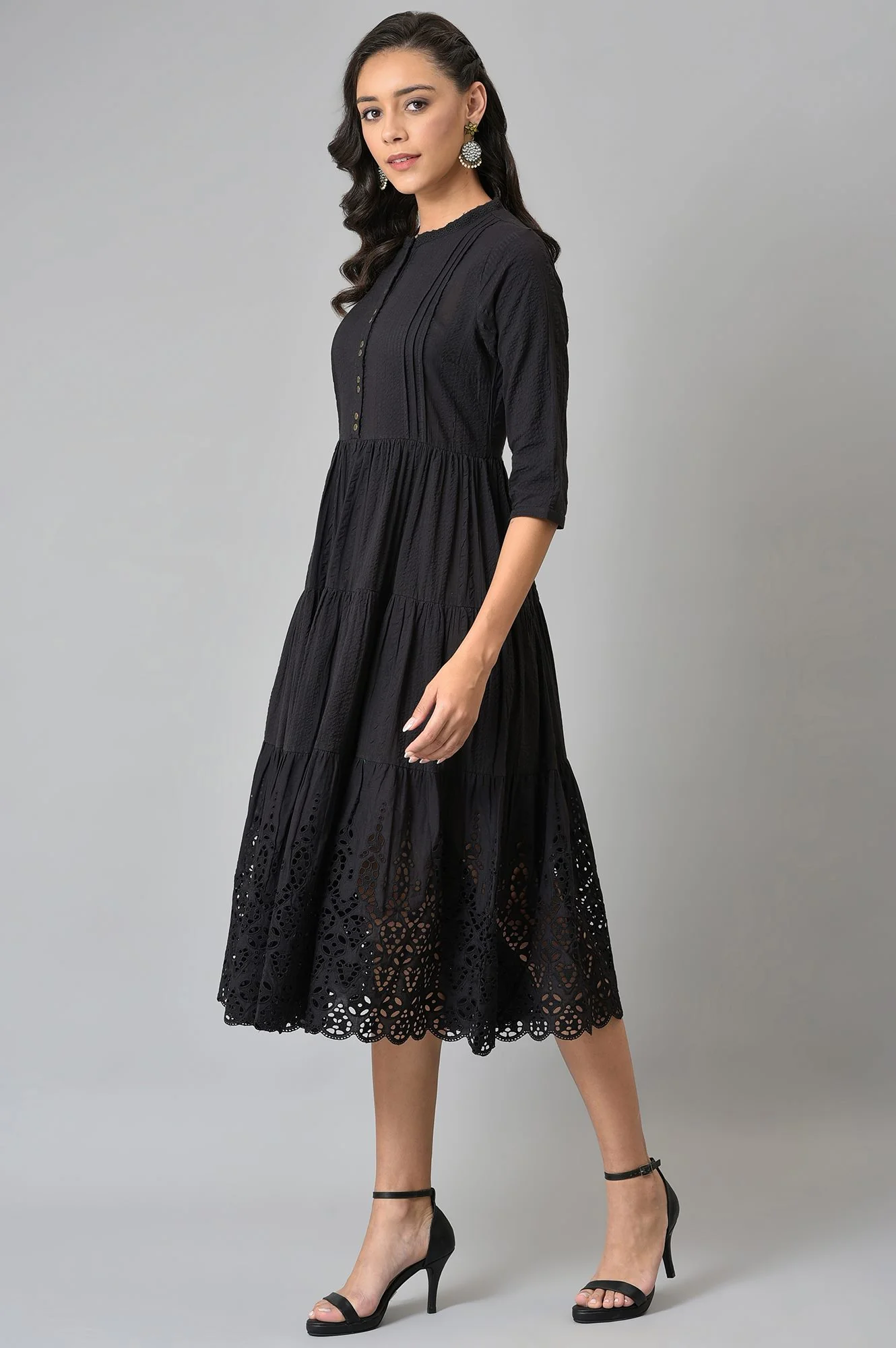 Black Cotton Schiffli Dress With Belt Bag - Image 3