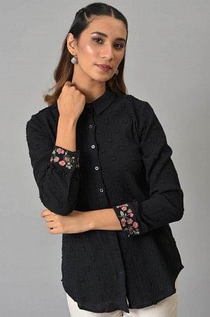 Black Cotton Shirt With Embroidered Cuffs - Image 6