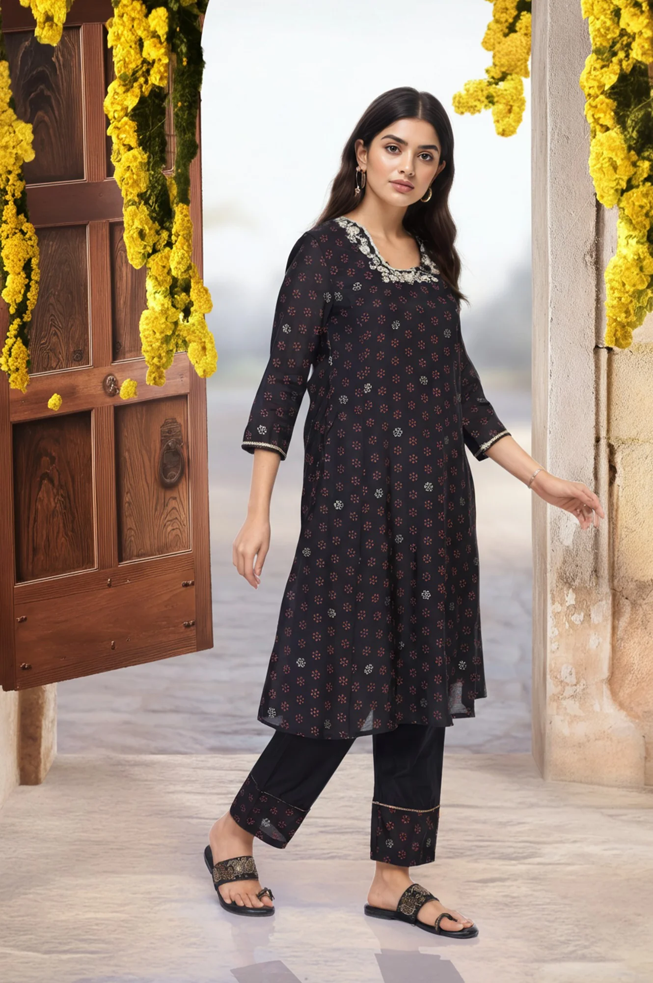 Black Embroidered A-Line Kurta with Straight Pant and Dupatta Set - Image 4