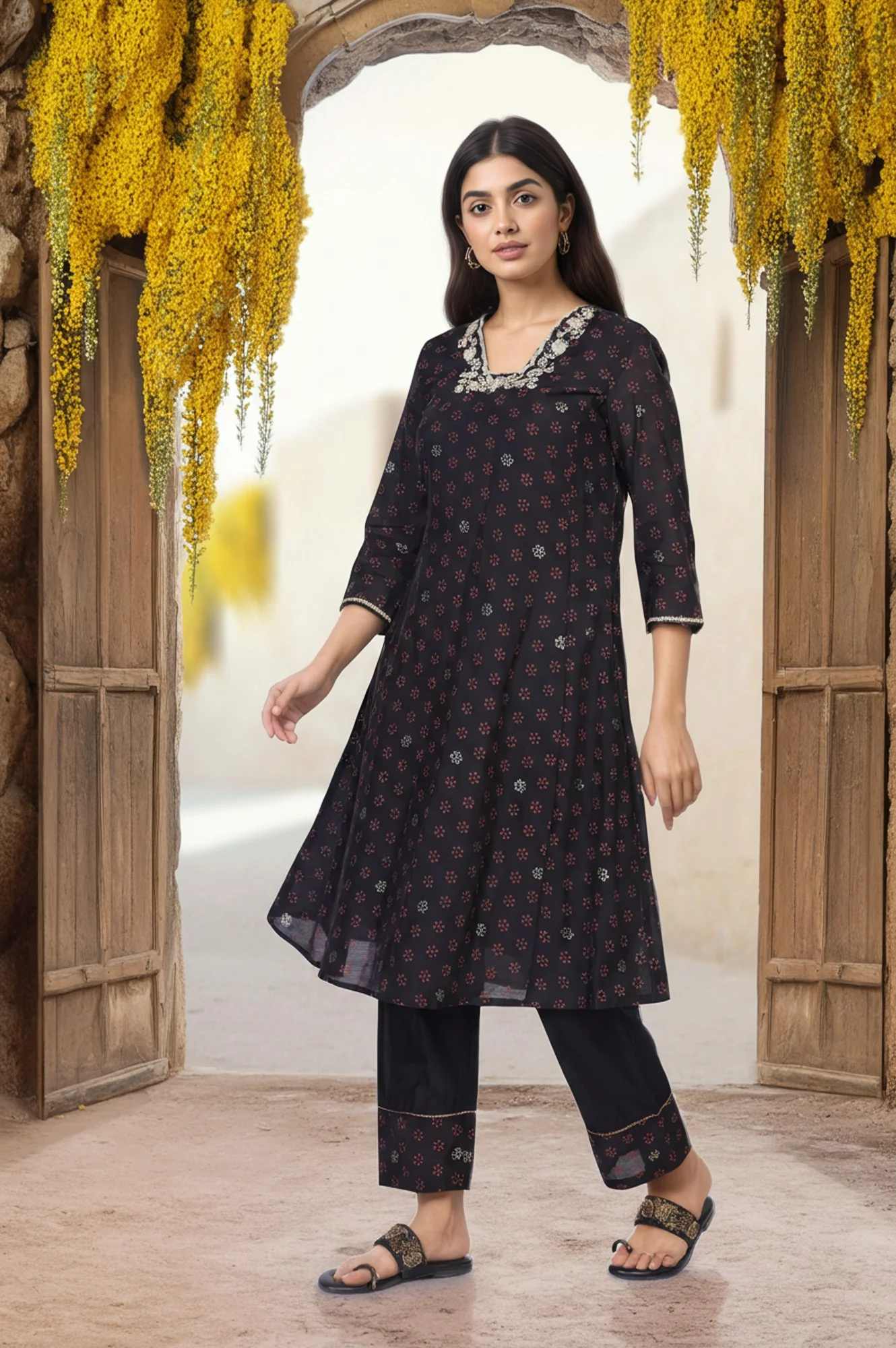 Black Embroidered A-Line Kurta with Straight Pant and Dupatta Set - Image 6