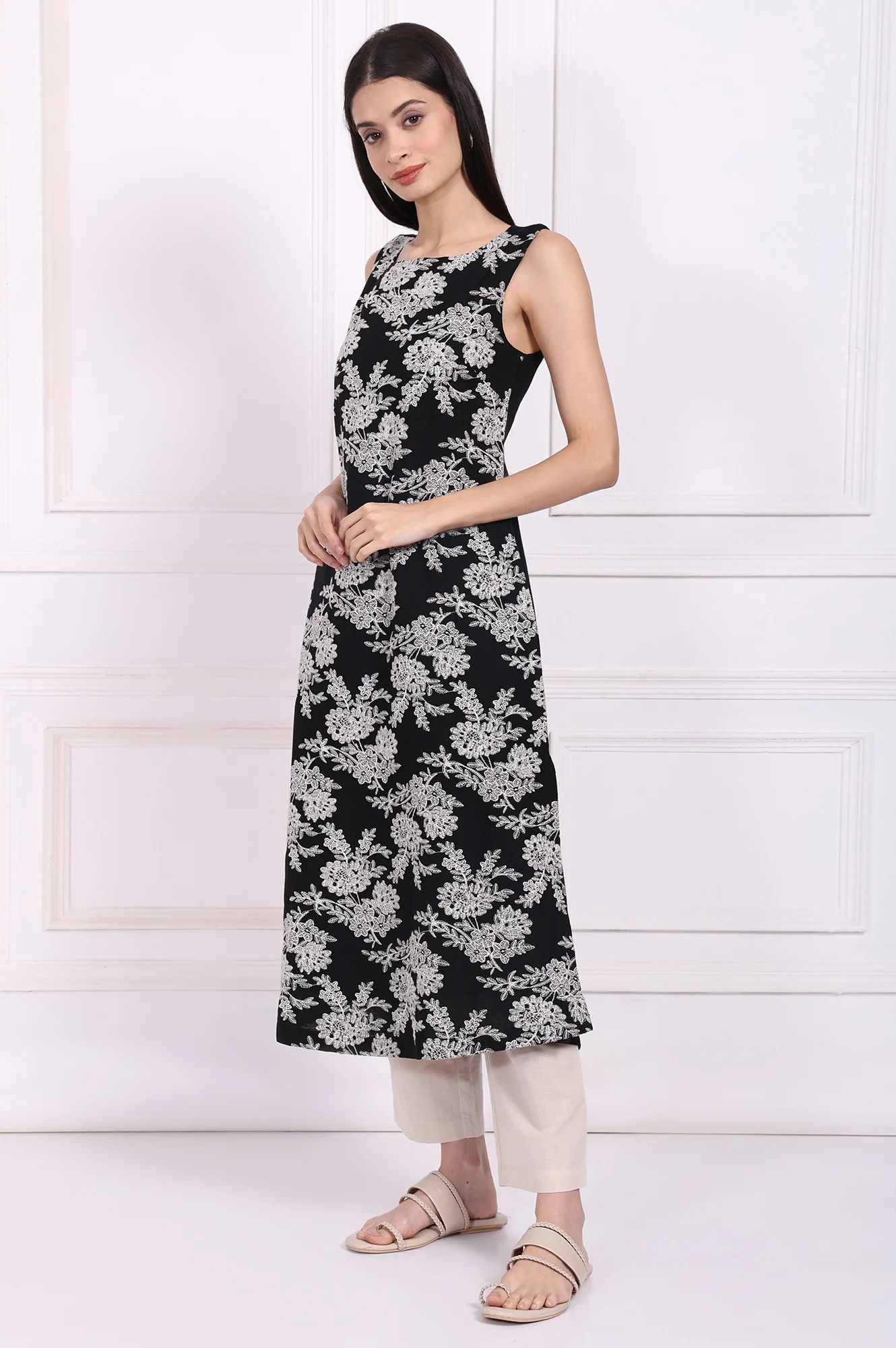 Black Embroidered A-Line Rayon Dress - Image 4