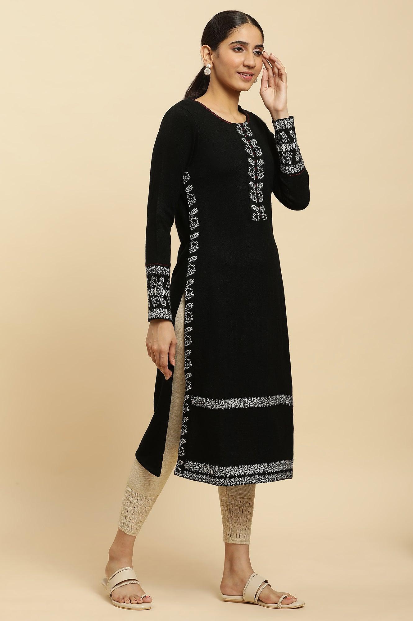 Black Embroidered Acrylic Winter Kurta And Tights Set - Image 4