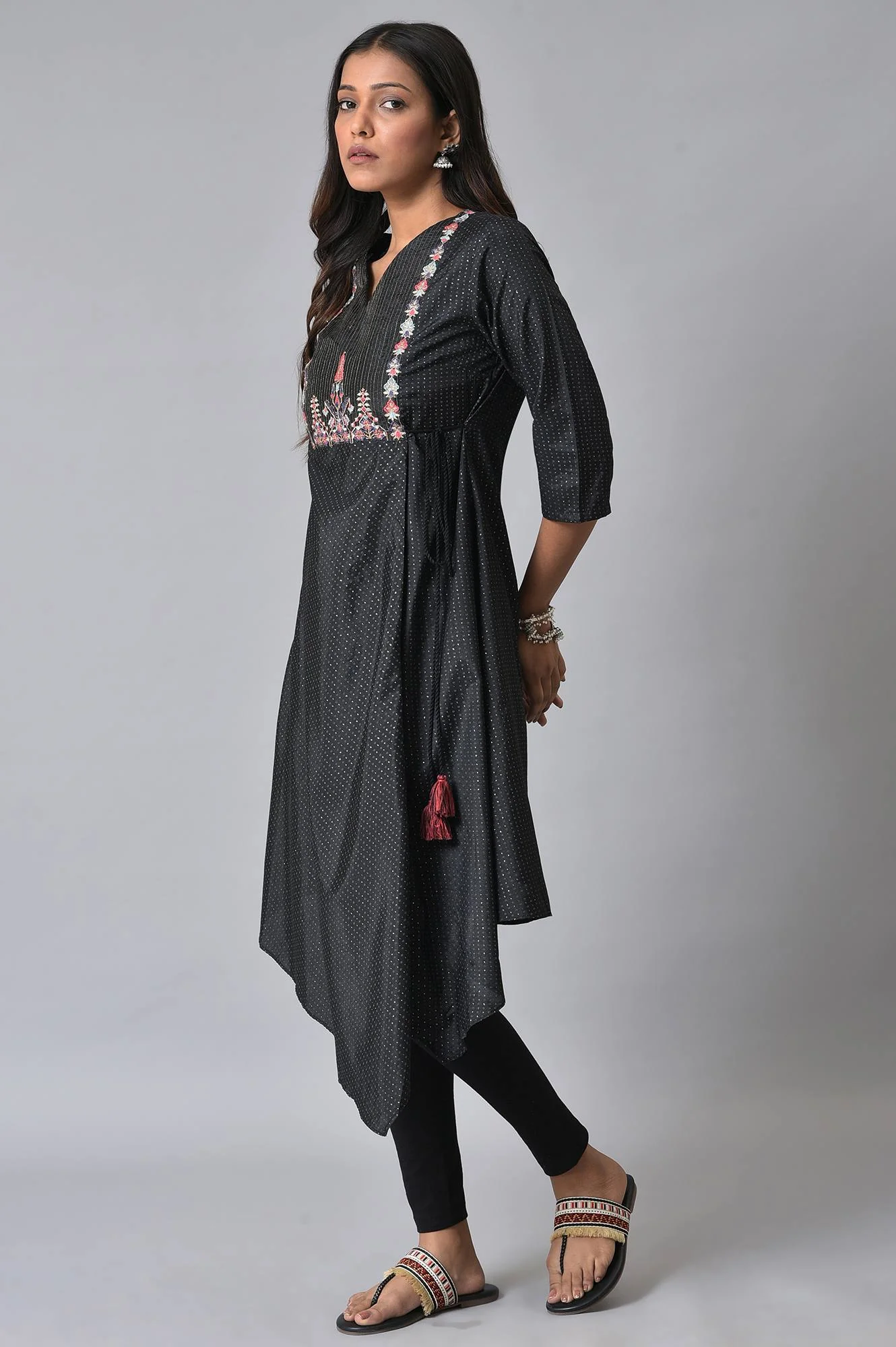 Black Embroidered Asymmetrical Kurta Set - Image 3