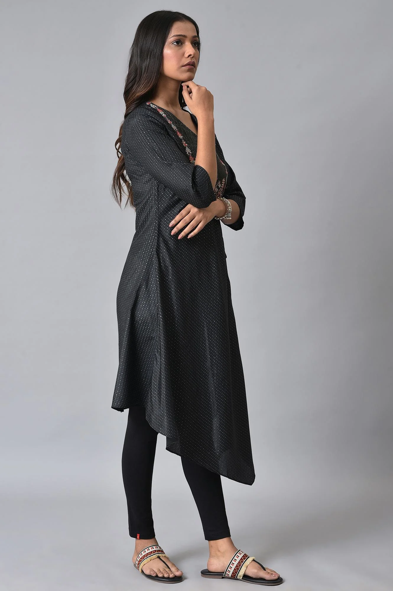 Black Embroidered Asymmetrical Kurta Set - Image 4