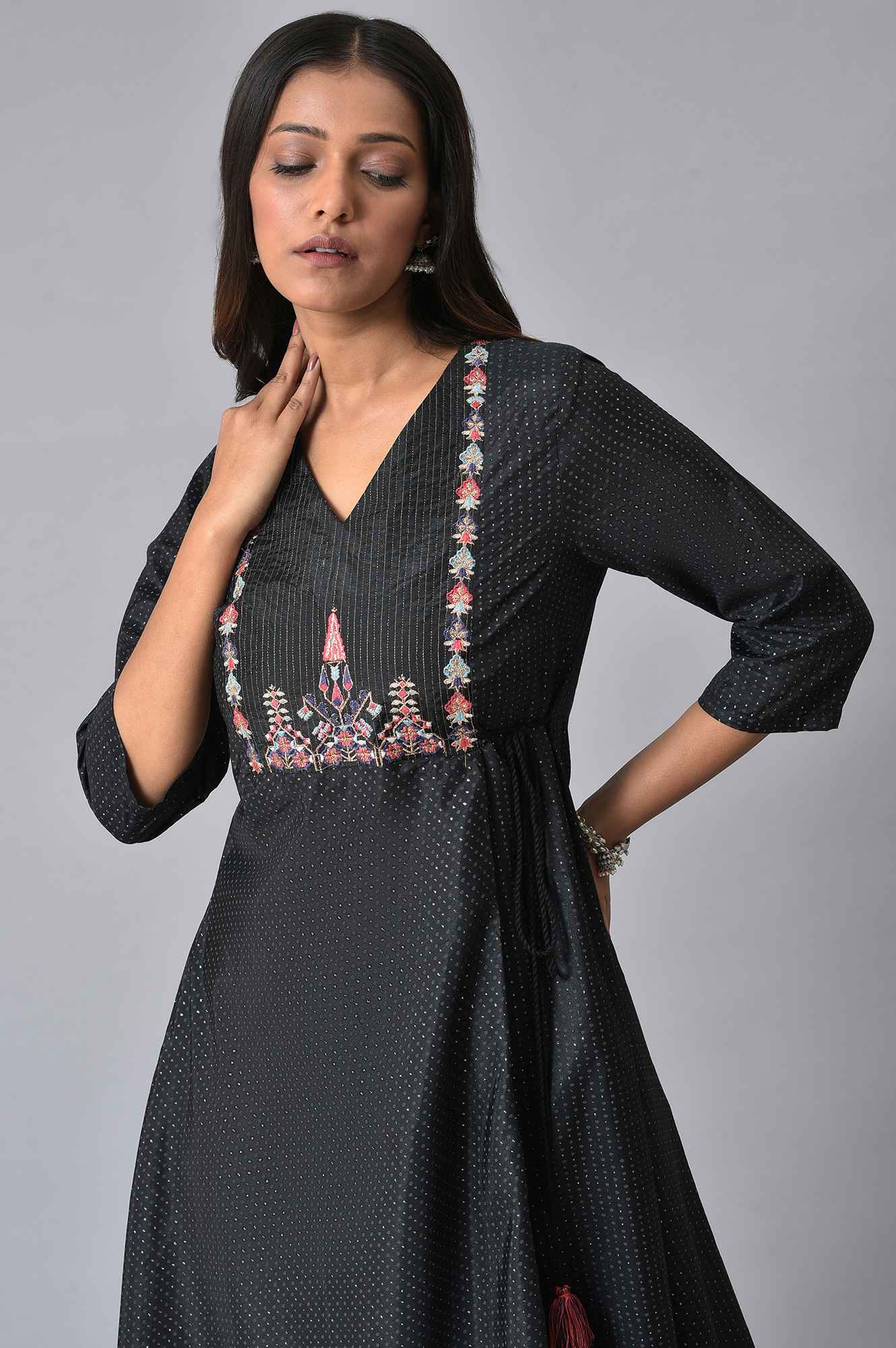 Black Embroidered Asymmetrical Kurta Set - Image 5