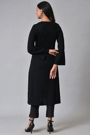 Black Embroidered Flared Winter kurta - Image 2