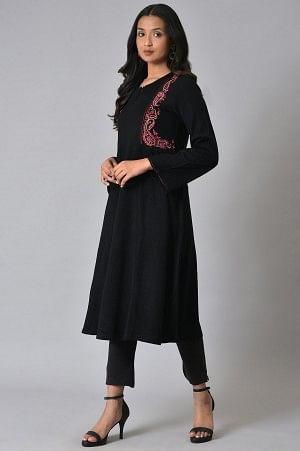 Black Embroidered Flared Winter kurta - Image 3